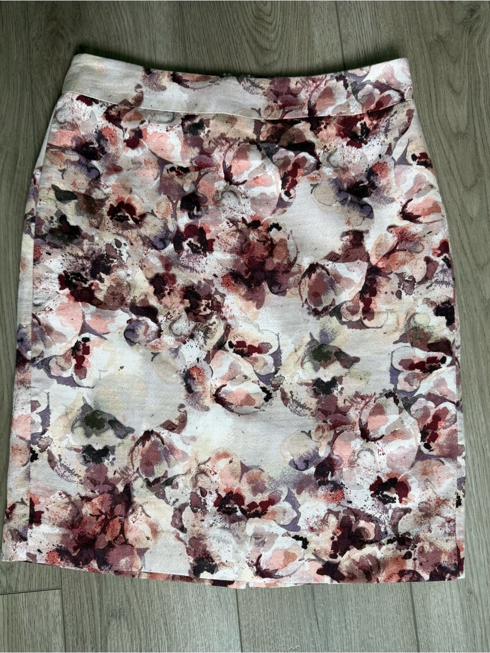 Ann Taylor Floral Pencil Skirt in Cream, Apricot, Purple, Taupe, & Burgundy